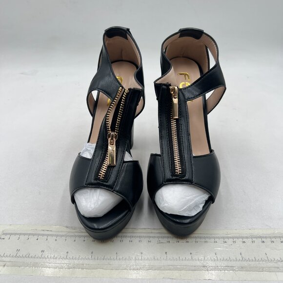 FSJ Black Peep Open Toe T-Strap Front Zipper Chunky Stacked High Heel Sandal - Picture 3 of 8